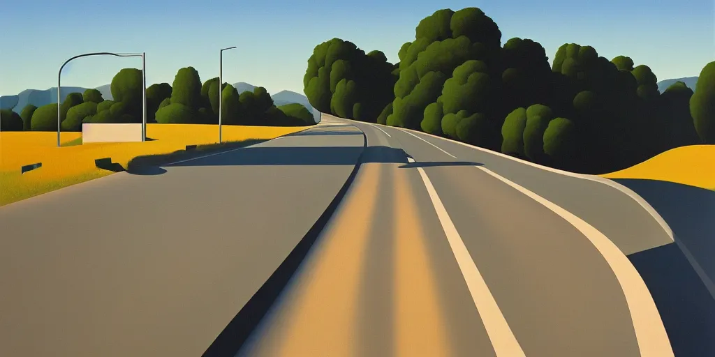 Prompt: the highway, blue sky, summer evening, kenton nelson