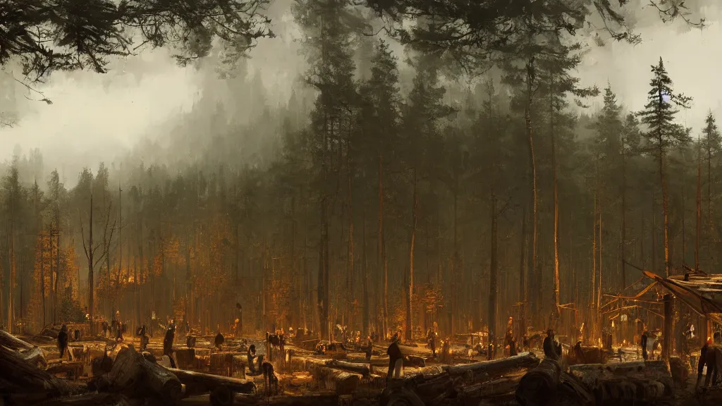 Image similar to panorma view of lumberyard with lumberjacks and forest in background, papyrus, watercolored, jakub rozalski, dark colours, dieselpunk, artstation