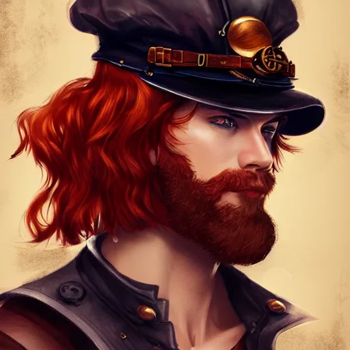 Image similar to rugged young ship captain, male, handsome, red hair, long hair, soft hair, fantasy, intricate, elegant, highly detailed, steampunk, digital painting, artstation, concept art, character art, smooth, sharp focus, illustration, art by artgerm