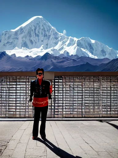 Image similar to a photography of elvis presley in the streets of la paz, with the illimani in the background, profesional photography, 1 4 mm, cinematic photography, high resolution, 8 k