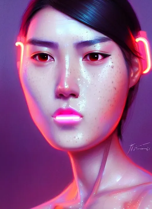 Prompt: photorealistic an oriental female humanoid with heavy freckle cheeks, cyber neon lightings, futurism, cyberpunk high fashion, glamorous profile pose, intricate details, crispy quality, digital photography, trending in artstation, trending in pinterest, no watermark signature, cinematic, 4 k ultra hd, art by artgerm, art by greg rutkowski, art by pascal blanche