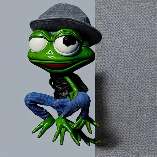 Image similar to perfectly accurate miniature figure of pepe the frog wearing jeans and a black leather jacket, soft textures, skin texture, clothing, 3d sculpture, textured, fine detail, lifelike, photo, high resolution, octane render, post processing, after effects, trending on artstation