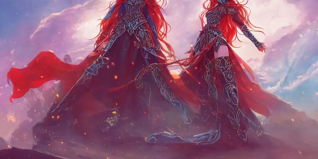 Image similar to an elven sorceress with red long hair in a very good beautiful heavy scale armor, wearing a cape, casting a fire spell, dungeon background, magical, bright, colorful, fantastic lighting, amazing details, 4 k uhd, illustration by hayao miyazaki and makoto shinkai and ilya kuvshinov, artstation, pixiv,