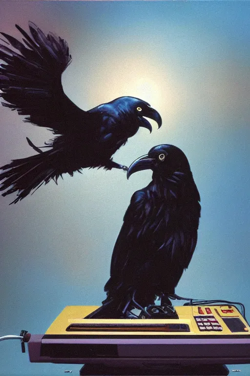 Image similar to a raven observing 8 0 s era technology, vintage shapes, retro technology, harsh color, wayne barlow, oil on canvas, deep depth of field, masterpiece, cinematic composition, hyperdetailed