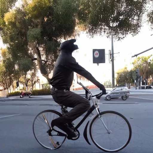 Prompt: an eagle riding a bicycle in the streets of la, smoking a cigar