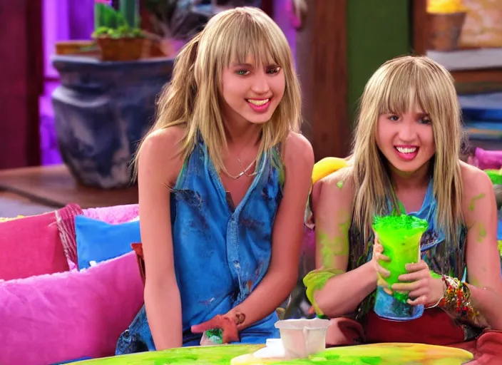 Prompt: the episode of Hannah Montana where everyone gets covered with nickelodeon slime hd