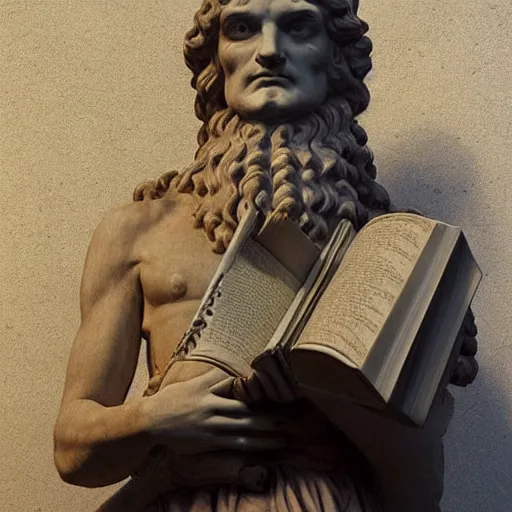 Image similar to greek statue of leonardo davinci holding a book, realistic, photorealistic