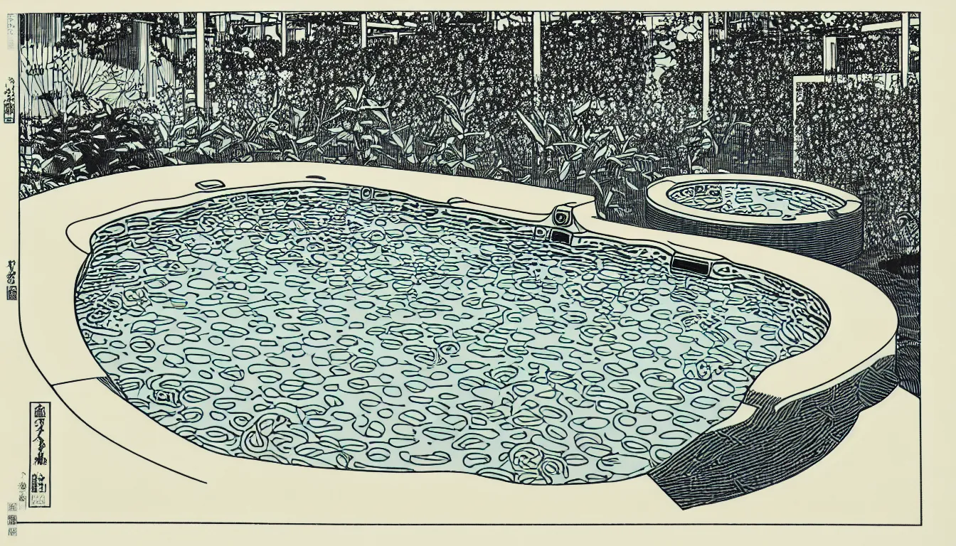 Prompt: hot tub in the backyard by woodblock print, moebius