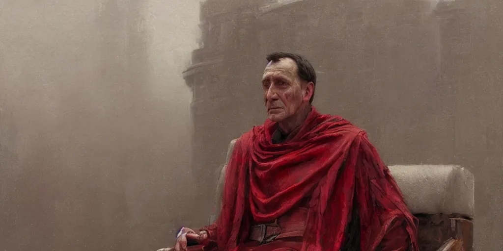 Image similar to the end is near. a tired julius caesar is sitting on his throne. face is highly detailed. splices of red are running down his toga. mist. color scheme red. low angle medium shot. imagined by jeremy lipking