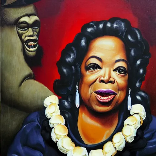 Image similar to surreal grotesque kitsch low-brow portrait of Oprah Winfrey emerging from deep shadows eating hamburgers, extra onions and ketchup, luscious patty with sesame seeds, figure in the darkness, serving big macs, french fry pattern ambience, Francisco Goya, painted by John Singer Sargant, Adrian Ghenie, style of Francis Bacon, highly detailed, 8k, trending on artstation