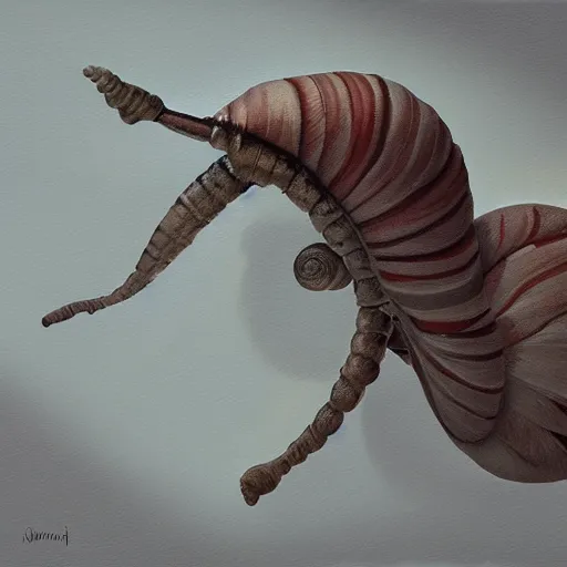 Image similar to snail with wings and feathers, in flight, oil painting, artstation, dramatic lighting, symmetry, beautiful