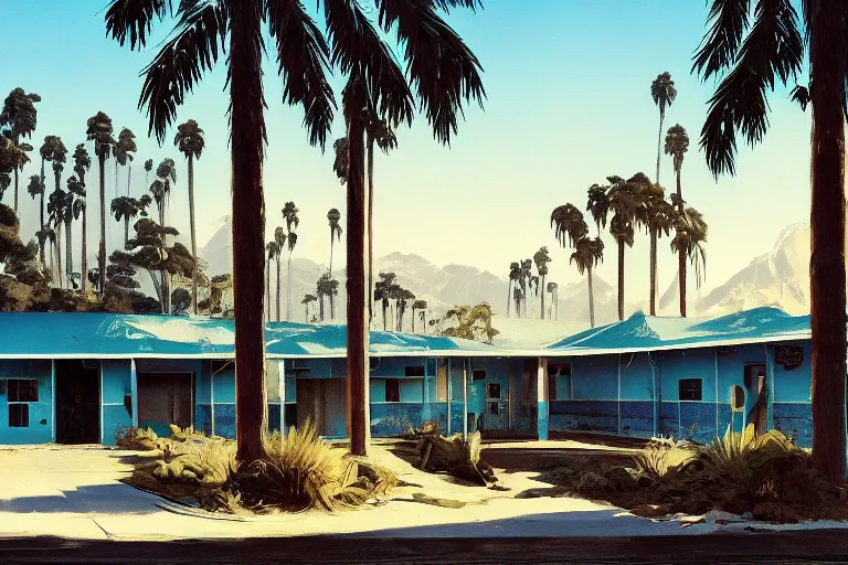 Image similar to natural american landscape | abandoned motel | palm trees | snowy mountains, painting by syd mead and weta studio and james jean, frank frazetta, highly detailed, rule of third, soft lighting, 8 k resolution, oil on canvas, architectural magazine, beautiful detailed, insanely intricate details, artstation trending, hypermaximalistic, high details, cinematic