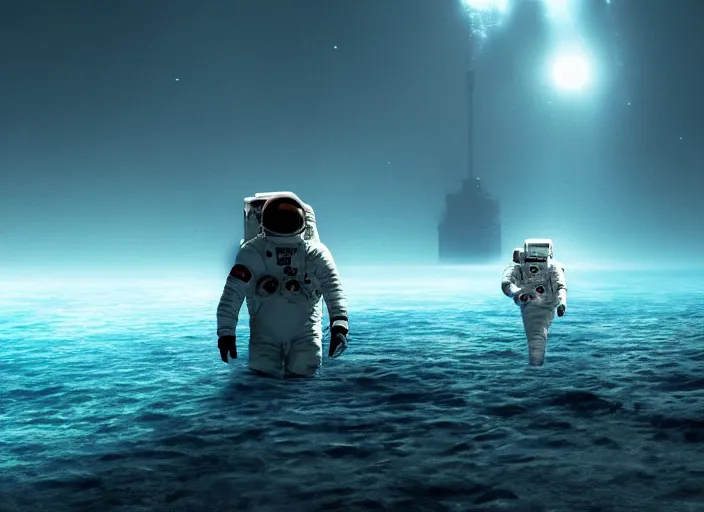 Image similar to astronaut holding a flag in an underwater desert. a submarine is visible in the distance. dark, concept art, cinematic, dramatic, atmospheric, 8 k, trending on artstation, blue, fish, low visibility, fog, ocean floor, christopher nolan, interstellar