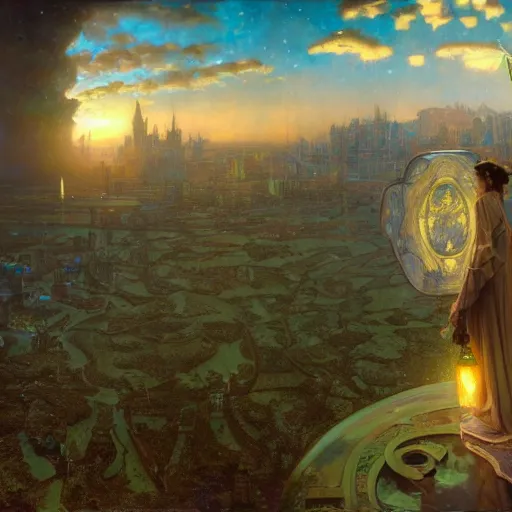 Image similar to a very detailed Magic portrait painting of someone with an oversized foot where their head should be, a very detailed fantasy city background, a very detailed dramatic sky, light particles, environment drawn by Donato Giancola and Tom Bagshaw, Edmund Leighton, character design by Alphonse Mucha, 4k, volumetric lighting, komorebi, award winning, octane render, hyperrealistic