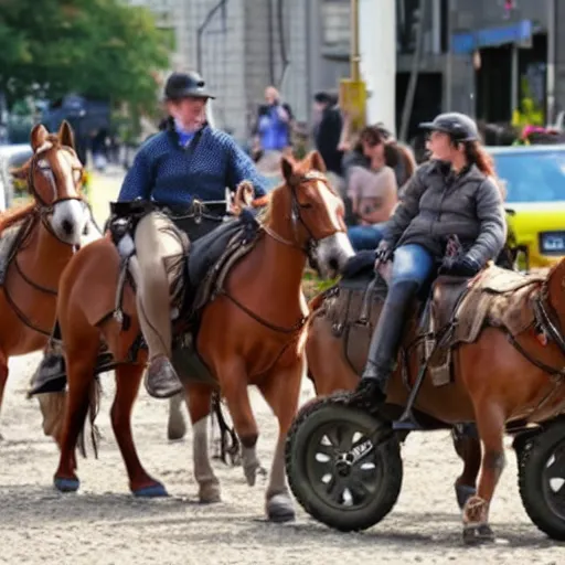 Image similar to Western, people on horses with wheels instead of legs