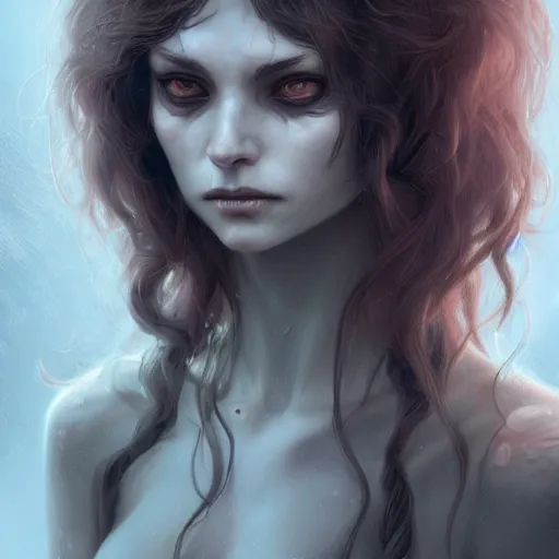 Image similar to detailed portrait of a cute undead girl, beautiful, fantasy, intricate, elegant, highly detailed, digital painting, artstation, concept art, matte, sharp focus, illustration, art by aenaluck, artgerm and roberto ferri and greg rutkowski, epic fantasy, digital painting