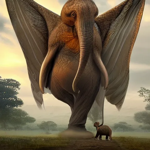 Prompt: A giant rukh bird catching an elephant with its talons, trending digital fantasy art, realistic texture, 8k, perspective, high definition, ultra crisp, popular on artstation, daily deviation, vibrant, extremely detailed