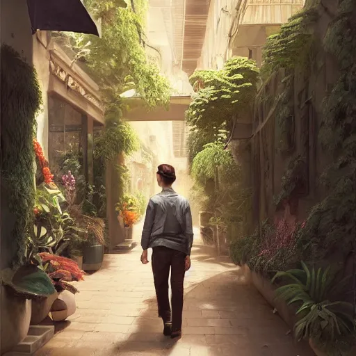 Image similar to a painting of a person walking down a bronze art-deco alley lined with plants, a detailed matte painting by Anka Zhuravleva, cgsociety, light and space, rendered in unreal engine, artstation hq, artstation hd