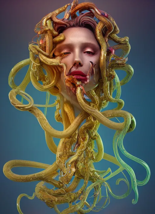 Image similar to subsurface scattering, medusa made of soft wax, cgsociety, translucent, wooden art nouveau swirls, biomechanical, colored smoke, gold cables, in the style of alberto seveso and beeple and giger, mystical colors, back light, rim light, dramatic lighting, 8 k, stunning scene, raytracing, octane render