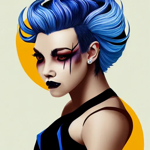 Image similar to illustrated portrait of ram-horned devil woman with blue bob hairstyle and hex #FFA500 colored skin tone and with solid black eyes wearing leather by rossdraws