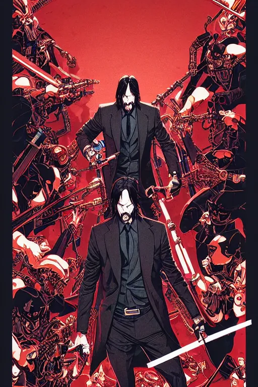 Prompt: poster of john wick as cyborg samurai, by yoichi hatakenaka, masamune shirow, josan gonzales and dan mumford, ayami kojima, takato yamamoto, barclay shaw, karol bak, yukito kishiro, highly detailed