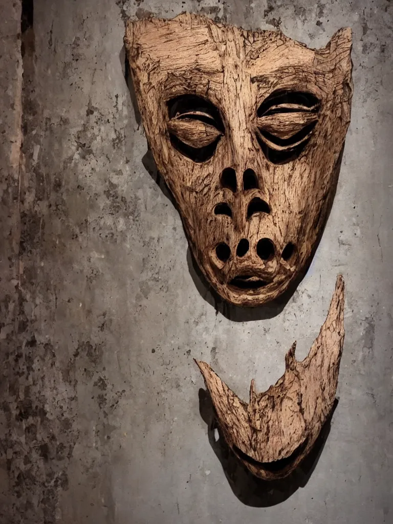 Prompt: creepy haunted mask hung on an art gallery wall. hand made out of wood and stained