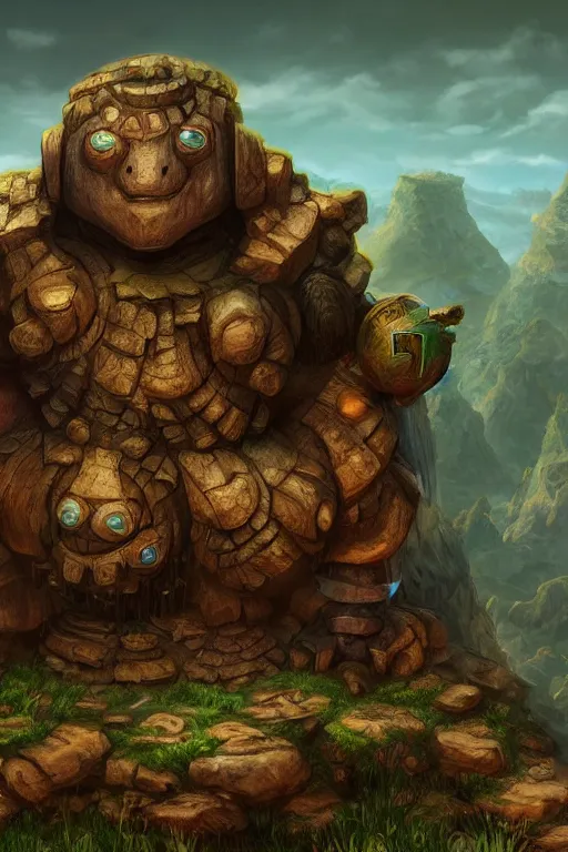 Image similar to zelda fantasy art giant golem troll wood rock greeble gemstone, global illumination ray tracing hdr fanart arstation by sung choi and eric pfeiffer and gabriel garza and casper konefal