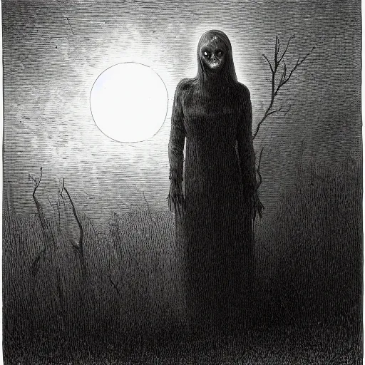 Prompt: night of the living dead, creepy atmosphere, dark, portrait, realistic, very realistic, illustration by Gustave Doré