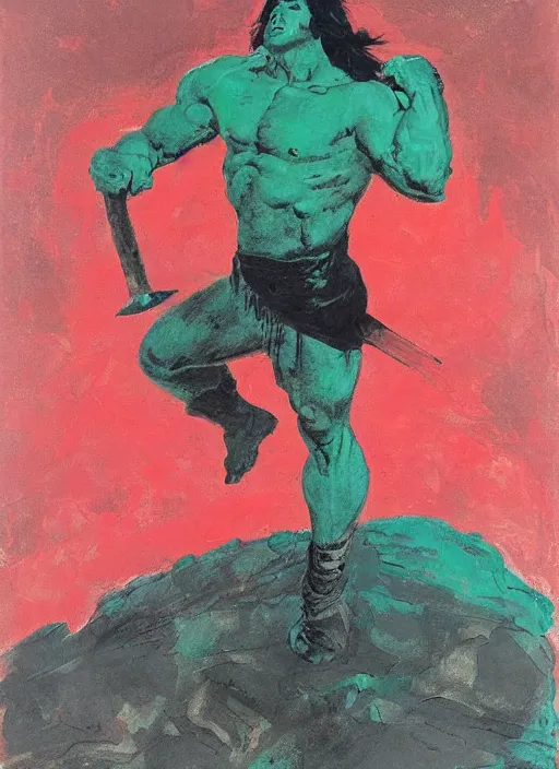 Image similar to portrait of barbarian on mountain, coherent! by mariusz lewandowski, by frank frazetta, deep color, strong line, red green black teal, minimalismhigh contrast