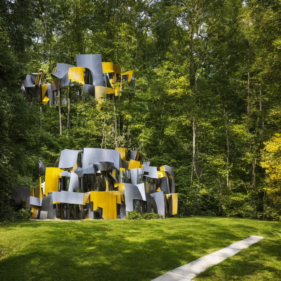 Image similar to a house in a light forest clearing, designed by Frank Gehry. Tiles. Gravel pathway with parking. Barbecue in front. Film grain, cinematic, yellow hue