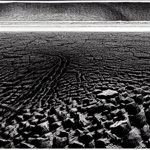 Prompt: a black and white les edwards drawing of a desolate earth at the end of time, ink drawing, smooth, sharp focus, vibrant volumetric natural light.