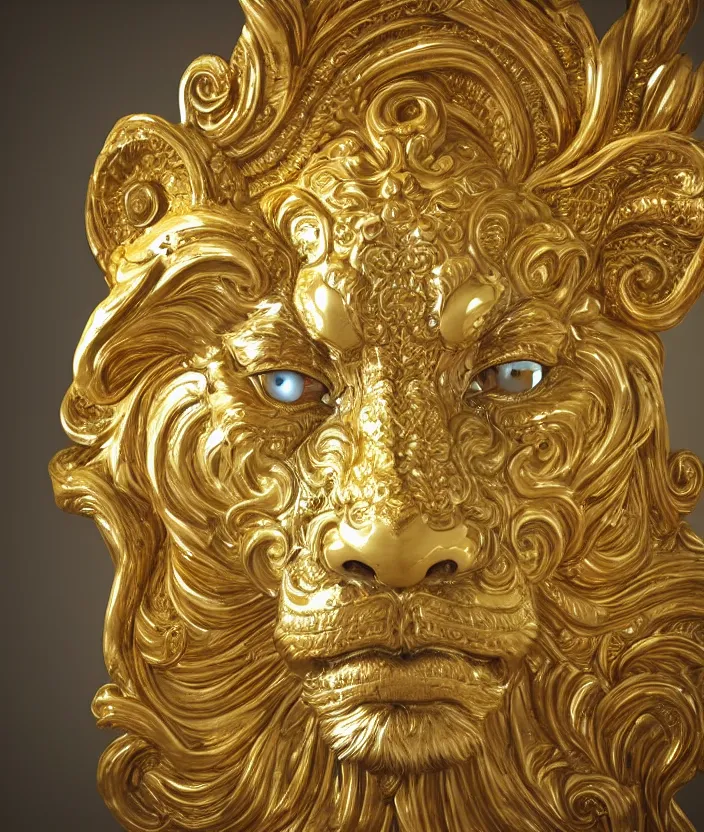 Prompt: beautiful portrait of a large ornate and intricate rococo carved marble and gold tiger face, 3 d, photorealistic, symmetric, front facing, centered, hyper detailed, gold plated on white marble, wallpaper pattern