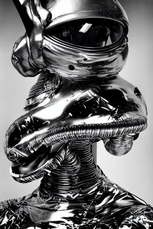 Prompt: extremely detailed studio portrait of space astronaut, alien tentacle protruding from eyes and mouth, slimy tentacle breaking through helmet visor, shattered visor, full body, soft light, disturbing, shocking realization, award winning photo by herb ritts