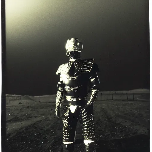 Prompt: photograph of a man clad in shining black metallic armor holding a piece of back wool, standing in front of a nuclear wasteland at night