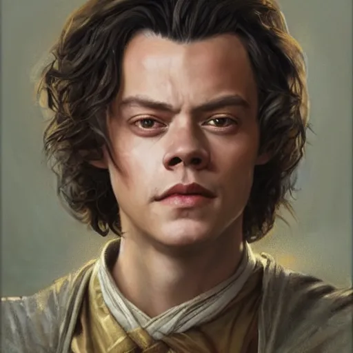 Prompt: harry styles as a realistic d & d fantasy character, portrait art by donato giancola and greg rutkowski, vintage retro, realistic face, digital art, trending on artstation, symmetry!!