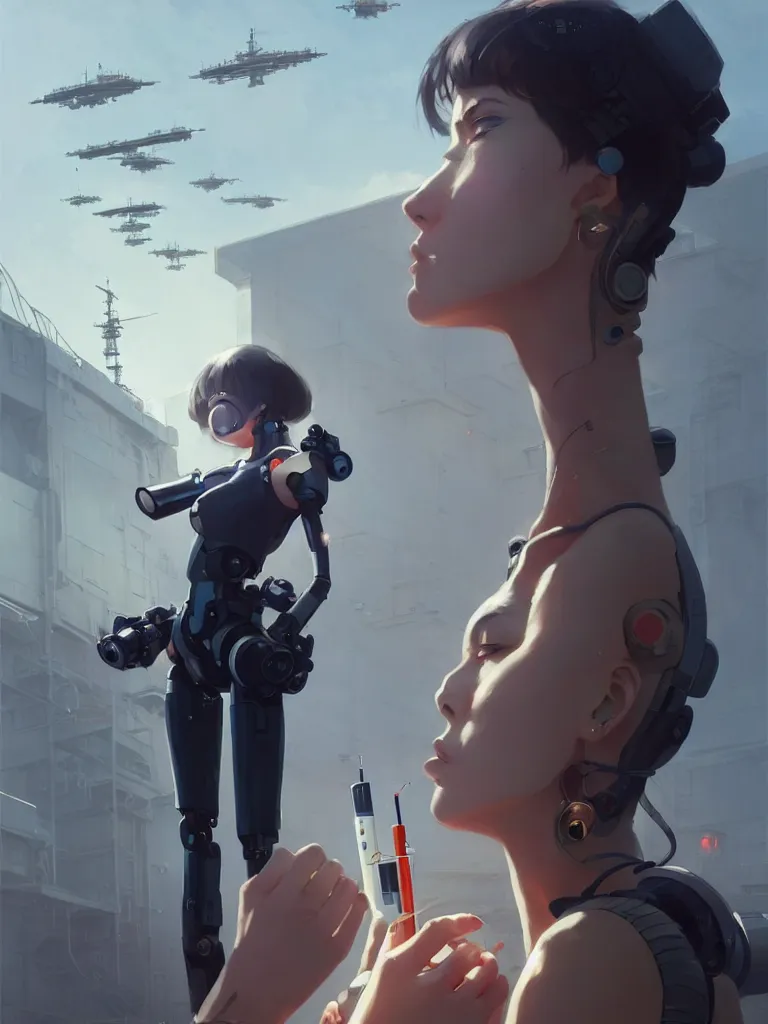 Image similar to Close-up Beautiful full body portrait of a lone beautiful cyborg anime woman smoking a cigarette, standing in front of a cyborg repair shop, while a lone futuristic military cargo ship flies overhead, by Greg Rutkowski and Krenz Cushart and Pan_Ren_Wei and Hongkun_st and Bo Chen and Enze Fu and WLOP and Alex Chow, Madhouse Inc., anime style, crepuscular rays, set in rainy futuristic cyberpunk Tokyo street, dapped light, dark fantasy, feminine figure, smooth skin, gorgeous, pretty face, beautiful fashion model body, high detail, hyper realistic, cgsociety, trending on artstation