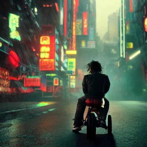 Image similar to the joker from batman riding a tricycle in a neotokyo street, cyberpunk, movie still, 4 k