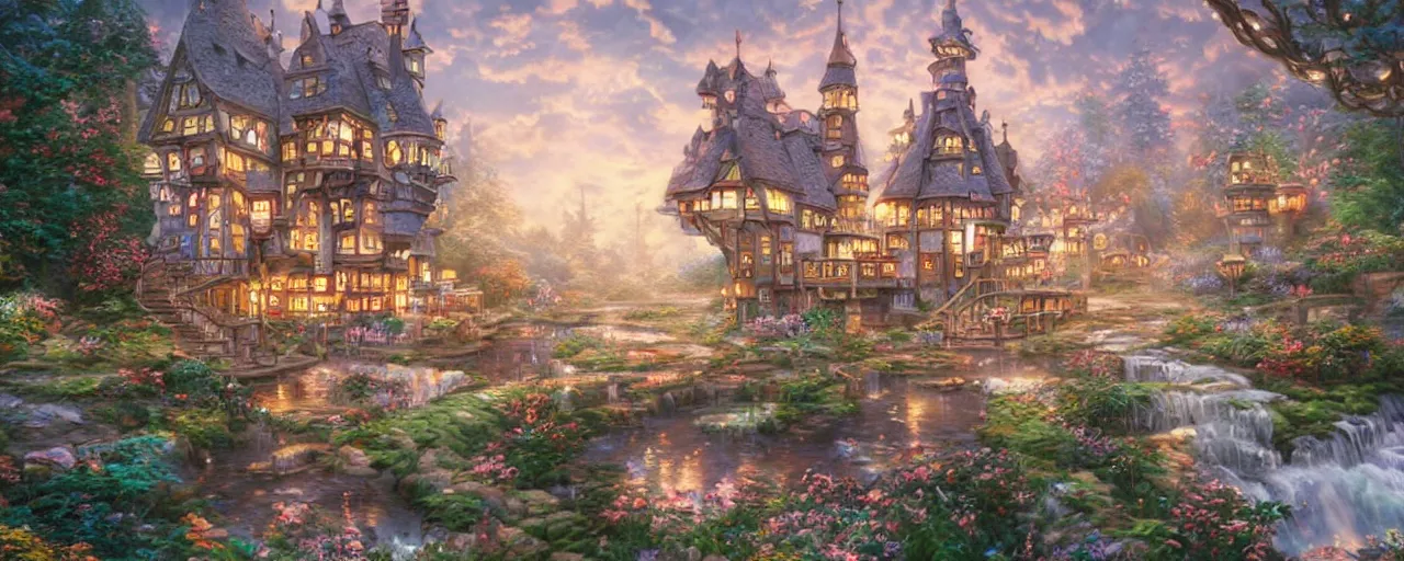 Prompt: A fairy-tale style factory made of ice cream， full of details, matte painting, concept art, smooth, by Studio Ghibli and Thomas Kinkade and WLOP，Soft light atmosphere，trending on cgsociety and Blender， unreal engine，8kHDR，light effect，rtx on，-H 960