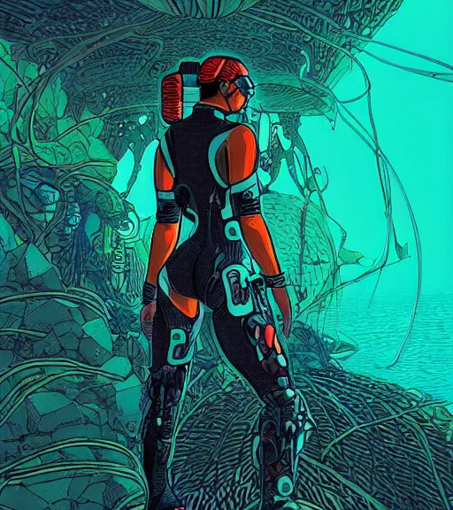 Image similar to a cyberpunk diver Polynesian woman swims through a dark bioluminescent alien coral reef, techwear, Industrial Scifi, detailed illustration, character portrait, by Martin Grip and Moebius