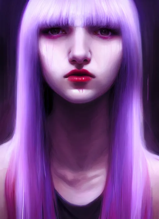 Prompt: hair whitebangs hair, black hair, whitebangs, portrait of teenage girl with white bangs, red irises, purple clothes, white bangs, bangs are different color from hair, intricate, elegant, glowing lights, highly detailed, digital painting, artstation, concept art, smooth, sharp focus, illustration, art by wlop, mars ravelo and greg rutkowski