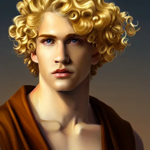 Image similar to Apollo the pale blond androgynous god of the sun, highly detailed, very very very curly golden blond hair, baroque drill curls, curtain bangs, central parted fringe, extremely luscious curly blond hair, very very very pale white skin, digital painting, artstation, concept art, soft light, sharp focus, illustration