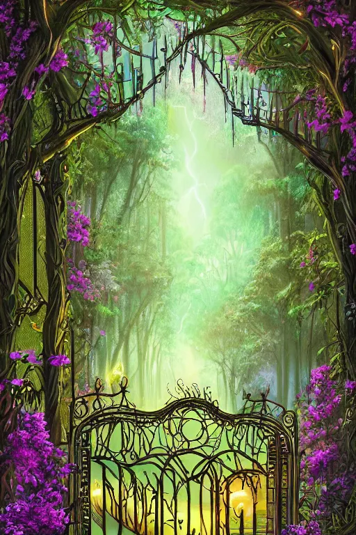 Image similar to a beautiful digital illustration painting of a detailed gothic fantasy fireflies forest trees and iron gate vines by lisa frank, james gurney, 8 k resolution trending on artstation concept art digital illustration