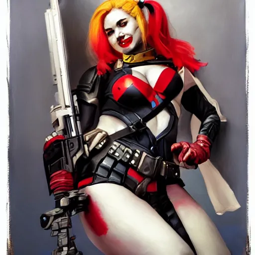 Image similar to greg manchess portrait painting of armored harley quinn as overwatch character, medium shot, asymmetrical, profile picture, organic painting, sunny day, matte painting, bold shapes, hard edges, street art, trending on artstation, by huang guangjian and gil elvgren and sachin teng