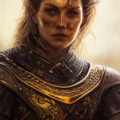 Image similar to Portrait of a majestic fierce viking woman, highly detailed, gold plated armor, cinematic, 8k, 1080s, by Stanley Artgermm, Tom Bagshaw, Greg Rutkowski, Vincent di Fate, Carne Griffiths, Ayami Kojima, trending on DeviantArt, hyper detailed, full of color, digital art,