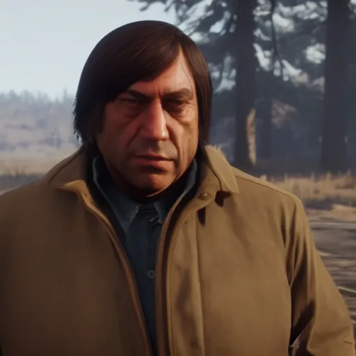 Prompt: Film still of Anton Chigurh, from Red Dead Redemption 2 (2018 video game), no hat, no text