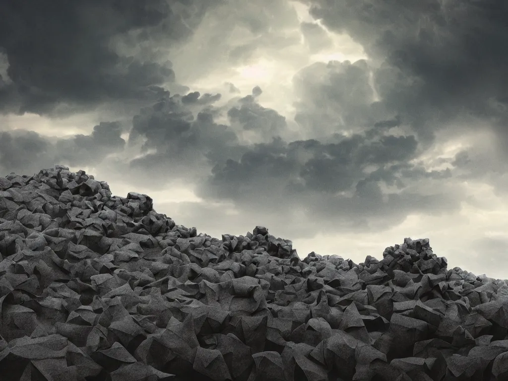 Prompt: photo of a origami rocky hill, in the middle of a storm. realistic origami clouds. impressive, magical, very atmospheric, cinematic, stunning, masterpiece, romantic, trending in artstation, very detailed. 4 k