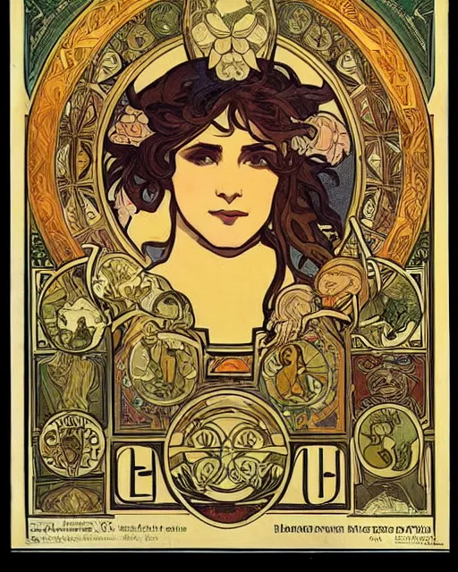 Prompt: four of an eagle, face of an lion, face of an ox, face of an human, on one creature. drawn by alphonse mucha