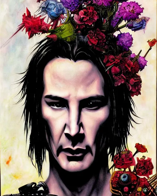 Image similar to portrait of a skinny punk goth keanu reeves wearing armor by simon bisley, john blance, frank frazetta, fantasy, thief warrior, colorful flowers floral