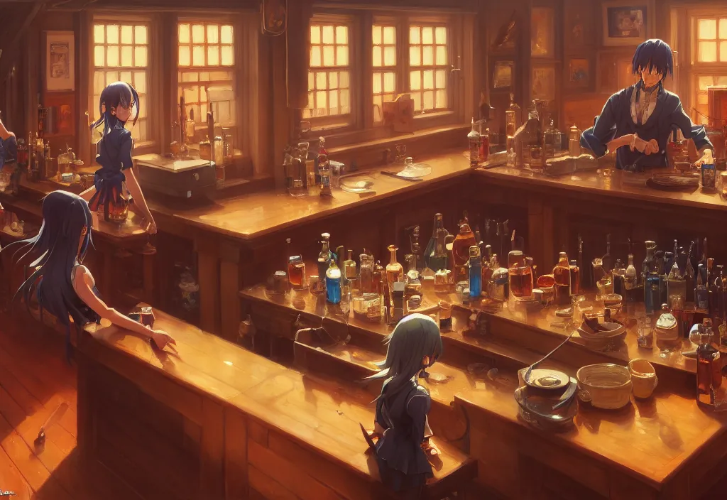 Image similar to a small empty saloon counter, intricate oil painting, high detail illustration, sharp high detail, manga and anime 1 9 9 9, official fanart behance hd artstation by jesper ejsing and makoto shinkai, 4 k,