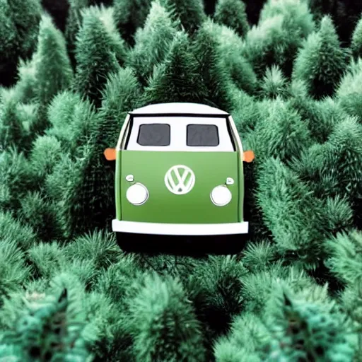 Image similar to a 1 9 8 0 s volkswagon camper van in a forest of towering evergreen trees, in the style of studio ghibli